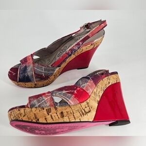 Kenzie Red Plaid Wedge Platform Sandals Cork Platform 7.5 M